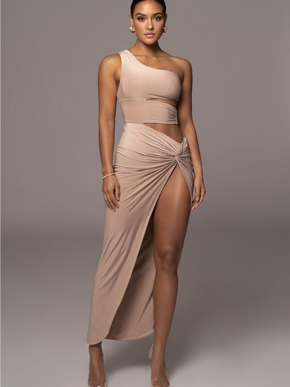 Jluxlabel one night only camel dress One-Shoulder Nude Cutout Maxi Dress